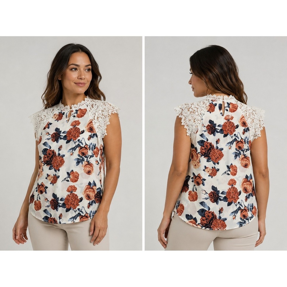 No Boundaries Girls L 11-13 Floral Blouse White Lace Cap Sleeve Keyhole‎ Top